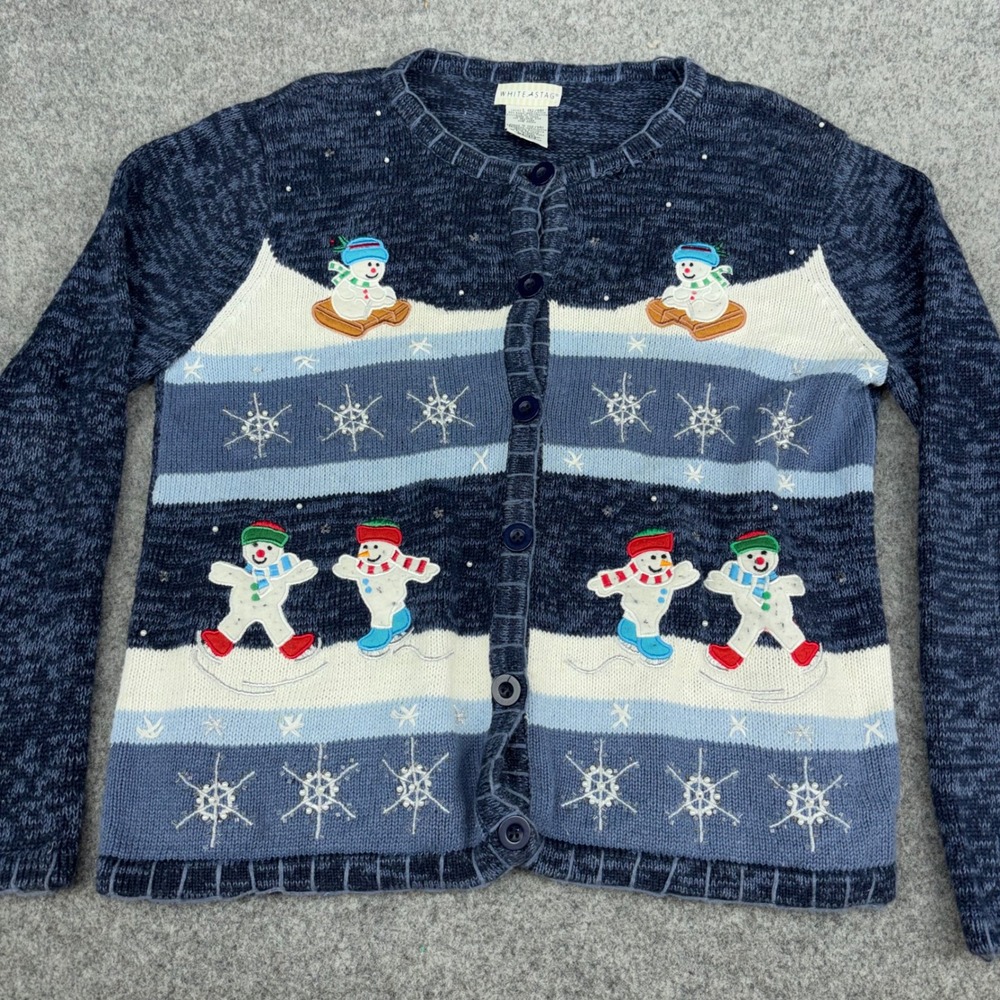 White Stag Snowman Cardigan Mens Large Blue Winter Holiday Embroidered Knit Logo